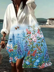  Casual Floral Print Long Sleeve Shirt Dress