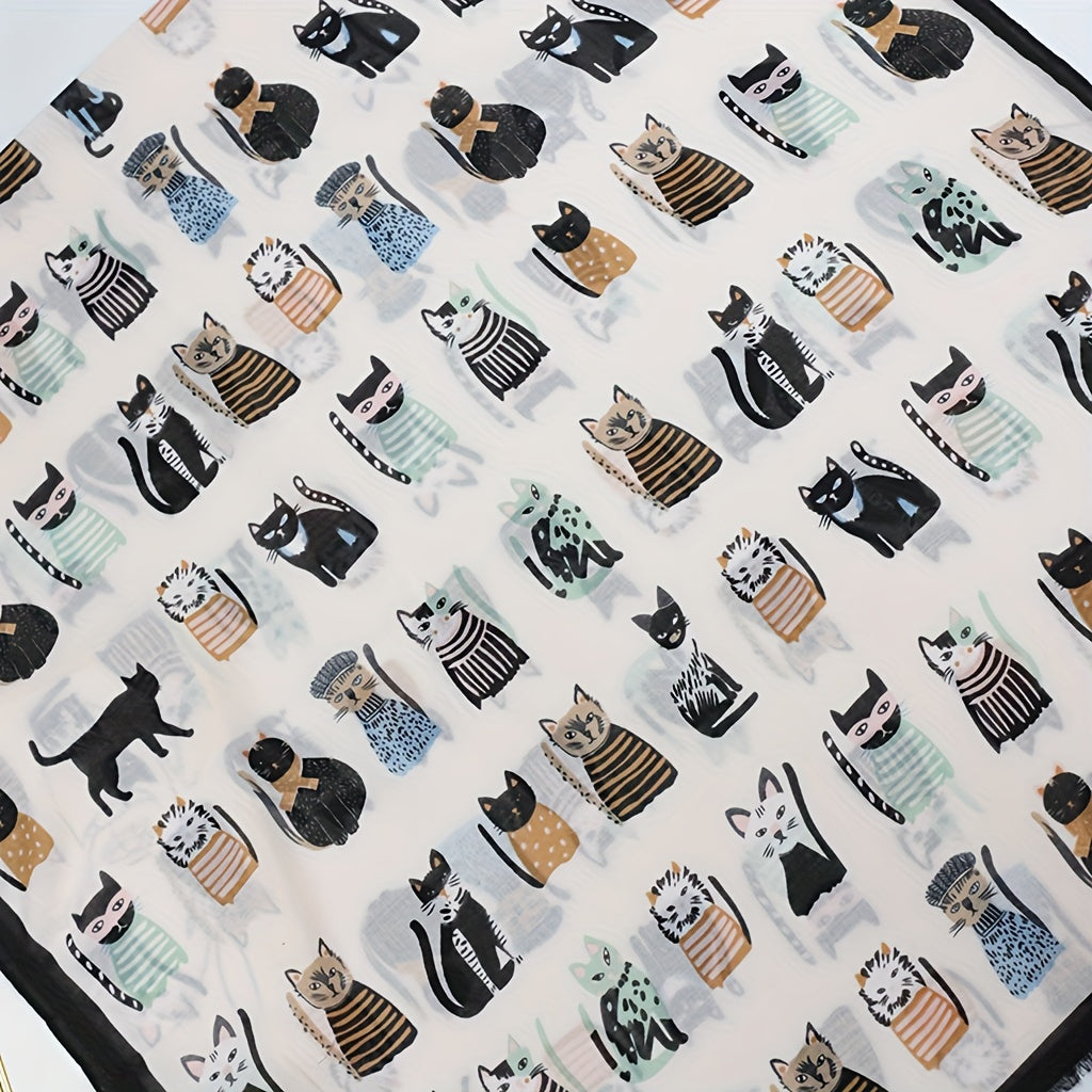 Kitty Printed Scarf Frayed Edge Cartoon Pattern Shawl
