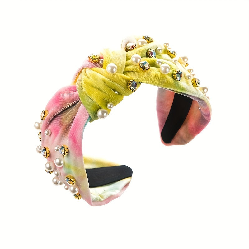 Velvet Tie-Dyed Head Hoop Faux Pearl Hair Band