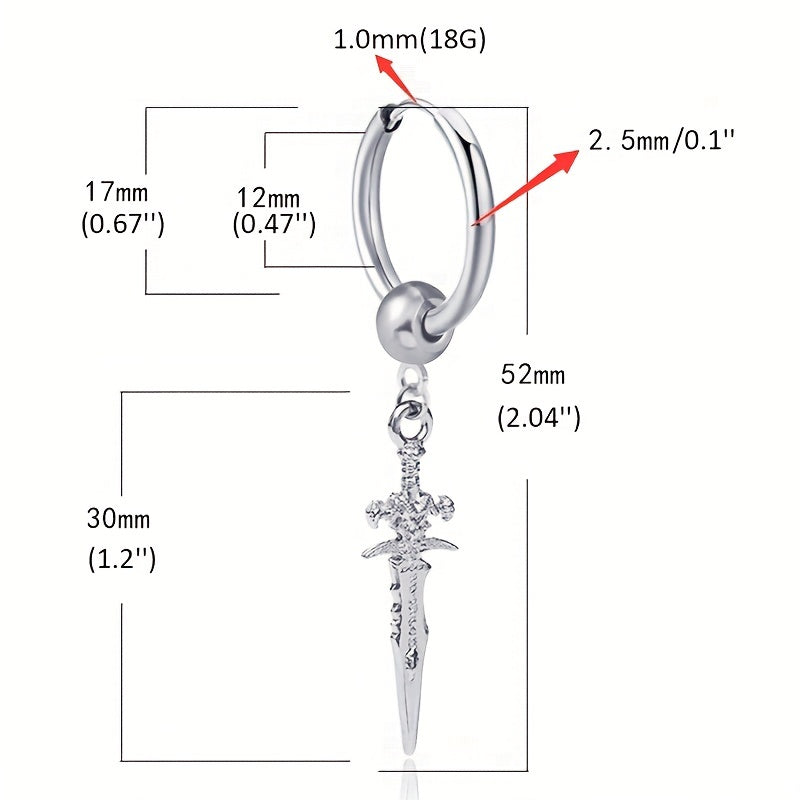 Punk Stainless Steel Stud Earrings with Sword Cross Pendant - 2pcs Pair