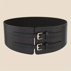 Double Rivet Belt Buckle Belt PU Wide Belt Elastic Waistband for Women