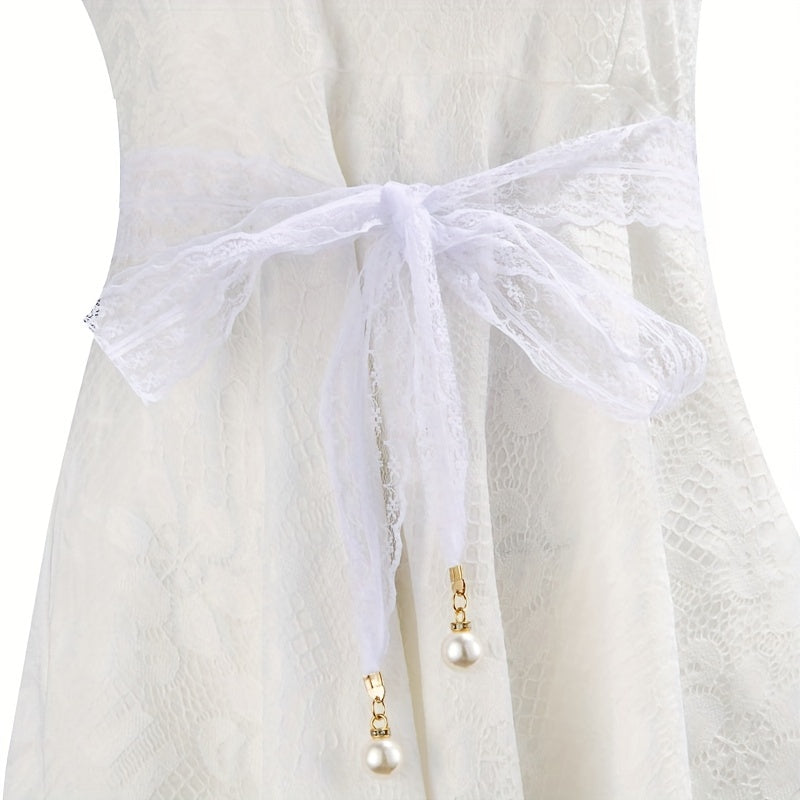 Faux Pearl Pendant Lace Girdle Sash Belt Bow Knotted Waistband Dress Girdle