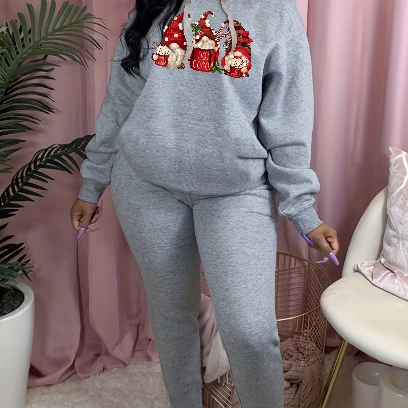  Christmas Dwarf Print Hooded Sweatshirt & Sweatpants Set