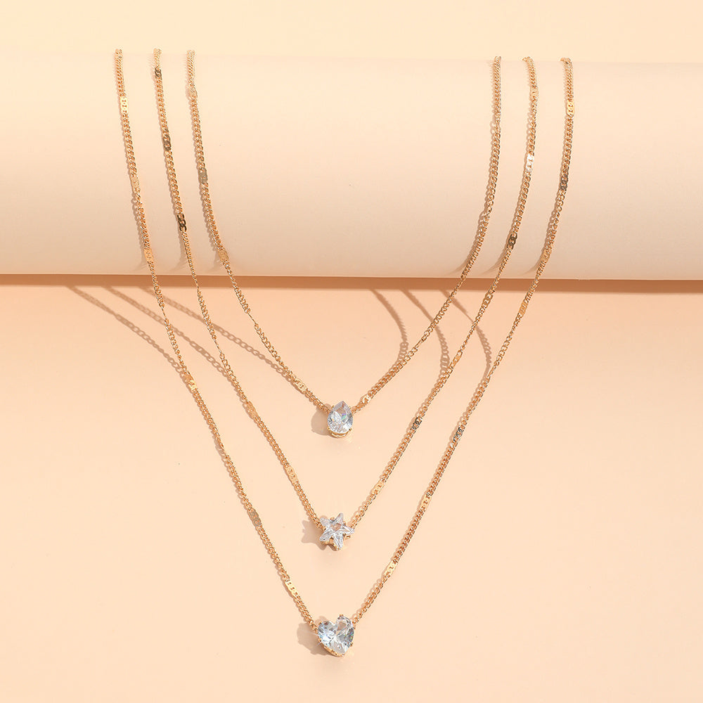 Retro Zircon Necklace Star Water Drop Pendant Clavicle Chain