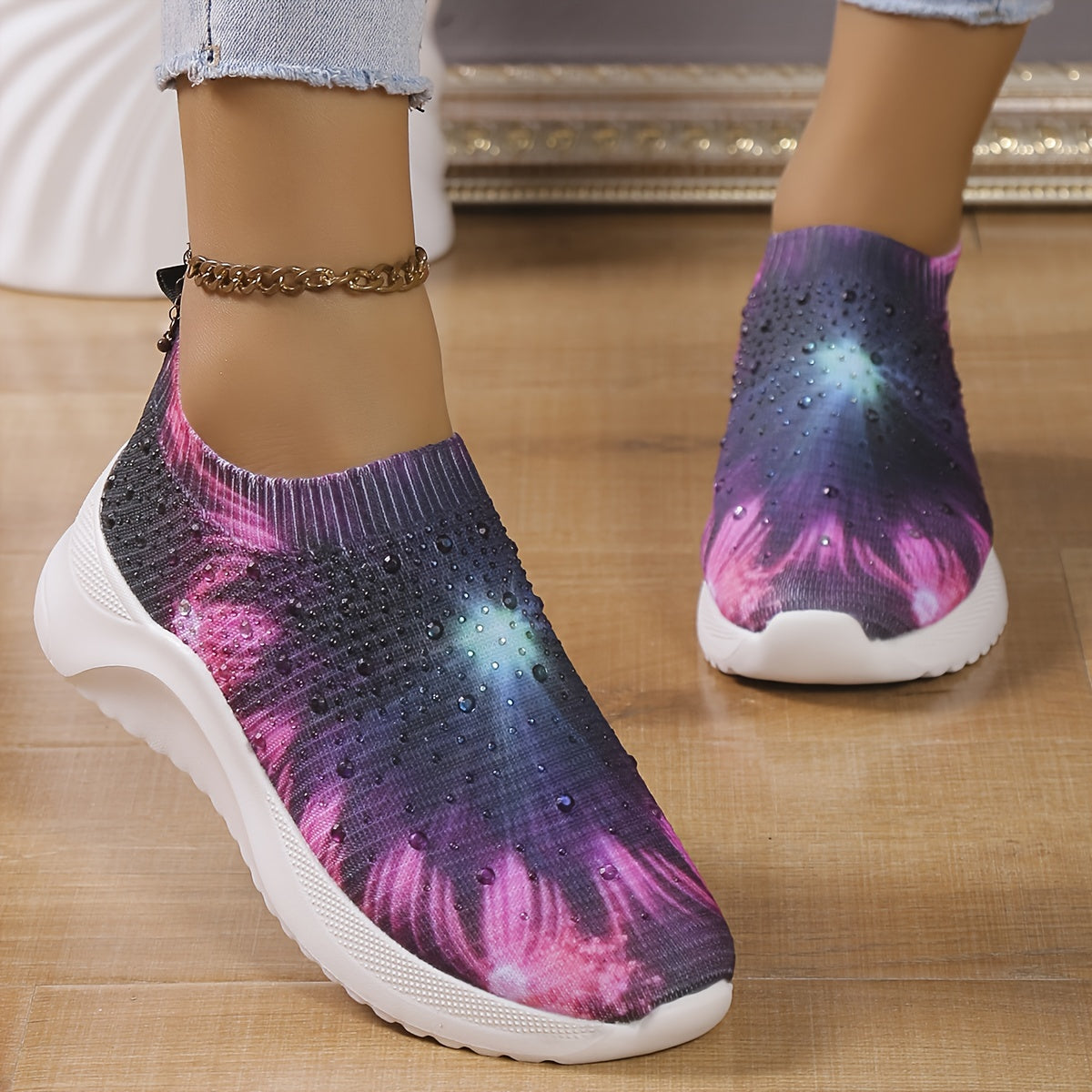 Rhinestone Decor Floral Sneakers Low Top Slip On Knit Sock Shoes