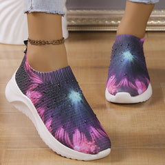 Rhinestone Decor Floral Sneakers Low Top Slip On Knit Sock Shoes