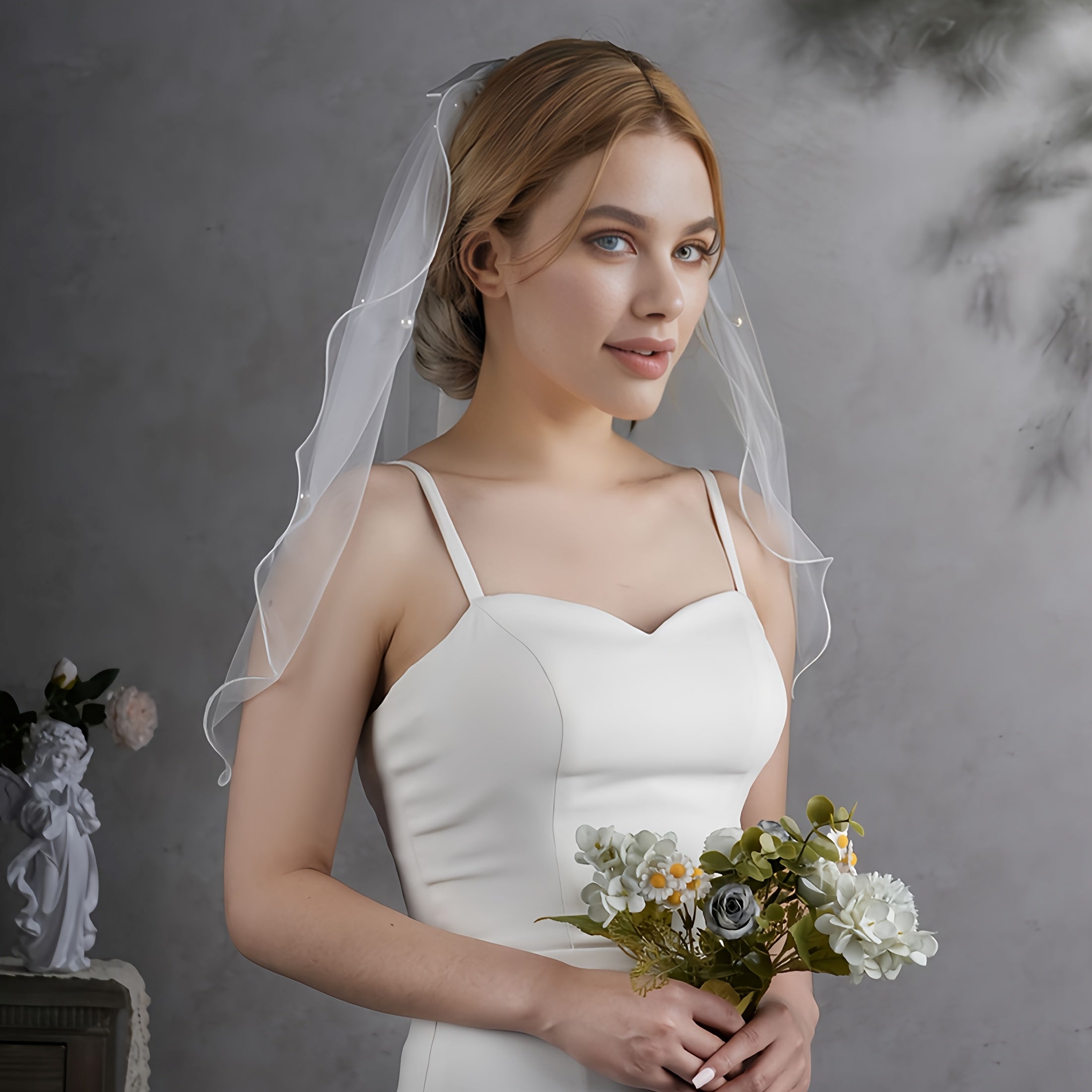 Pearl Bowknot Short Wedding Veil Soft Tulle Bridal Accessory