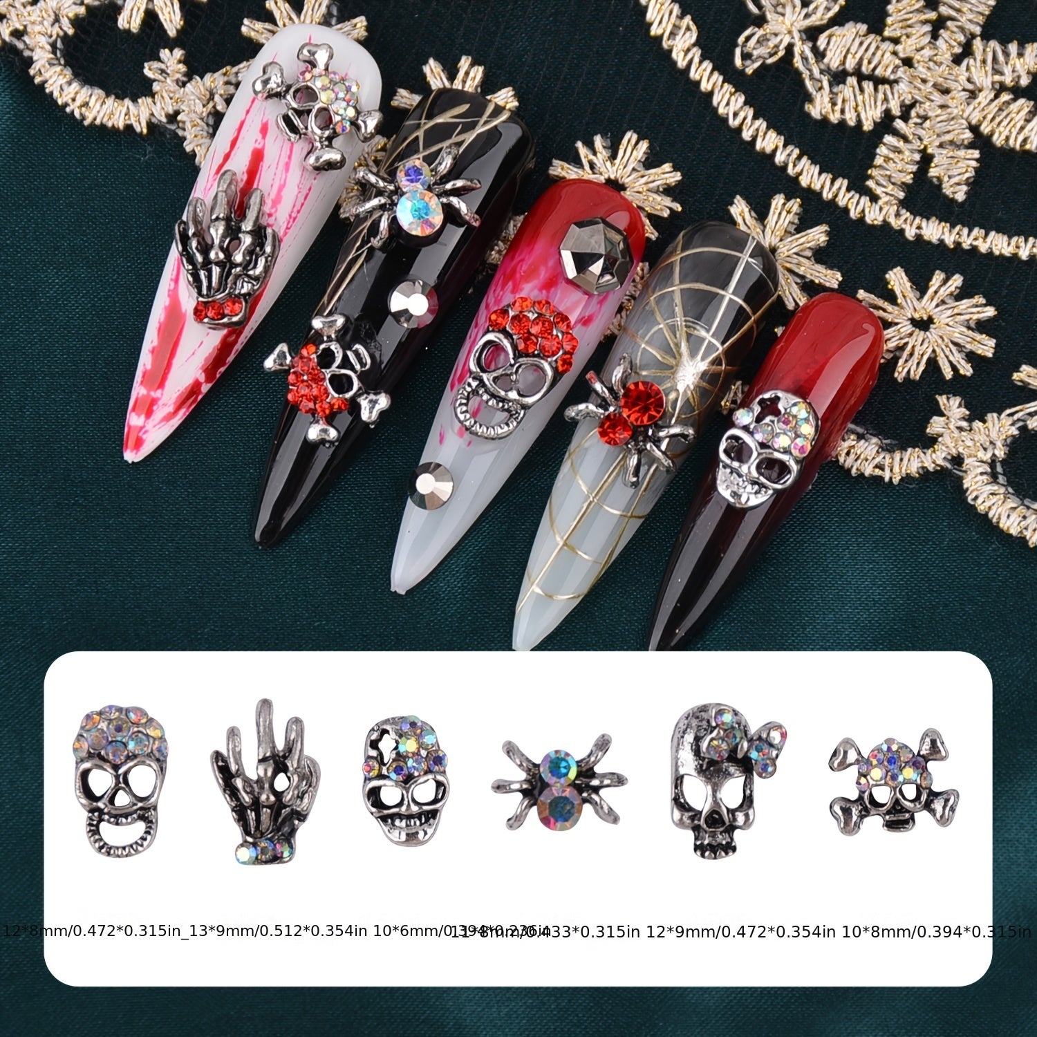 Halloween Nail Art Charms Kit with Rhinestones 3D Retro Metal Gems