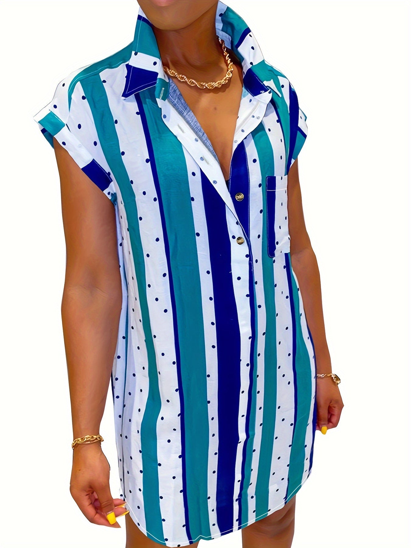  Polka Dot & Stripe Print Shirt Dress