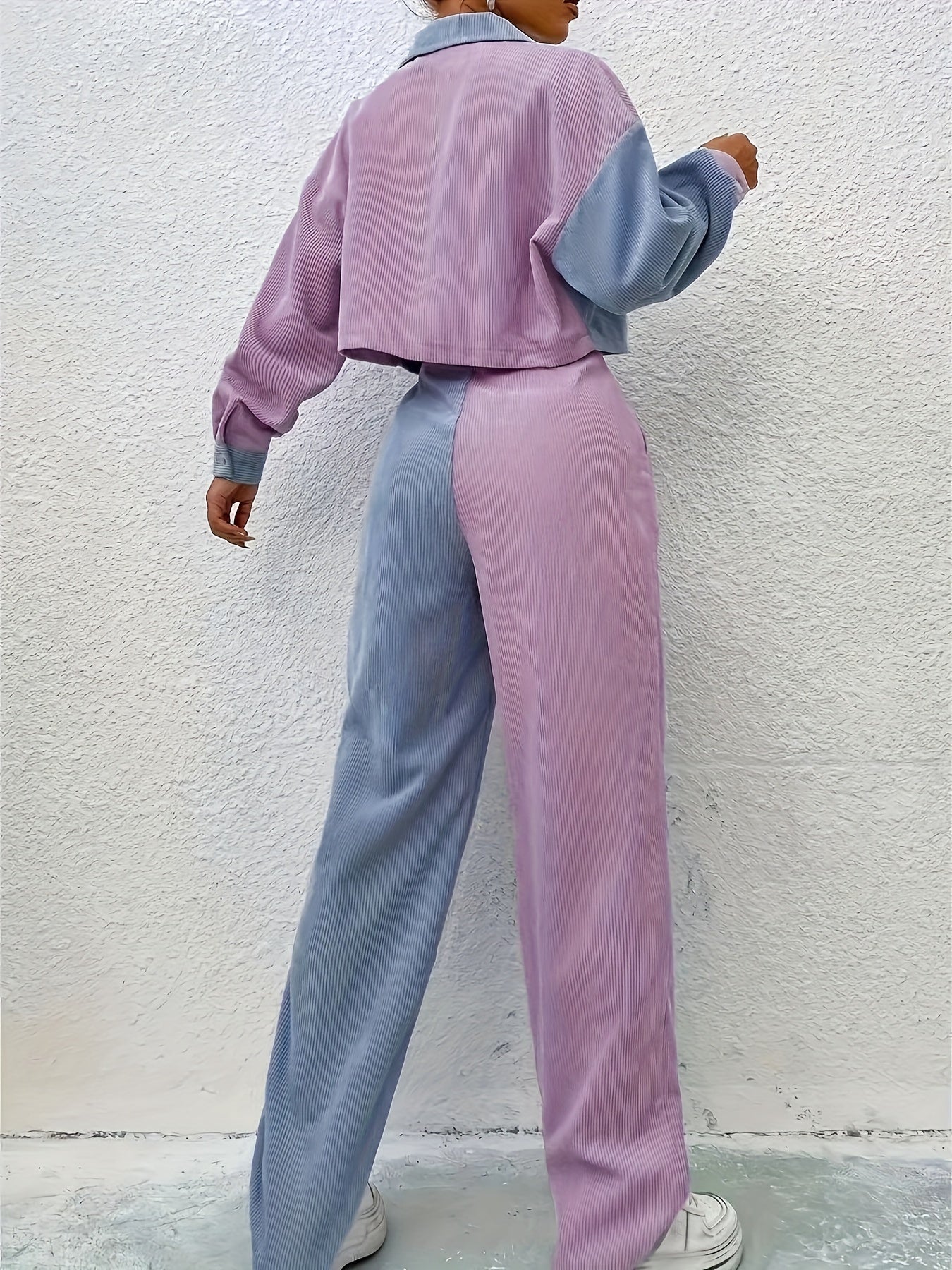 Colorblock Corduroy Shacket & Wide Leg Pants Set