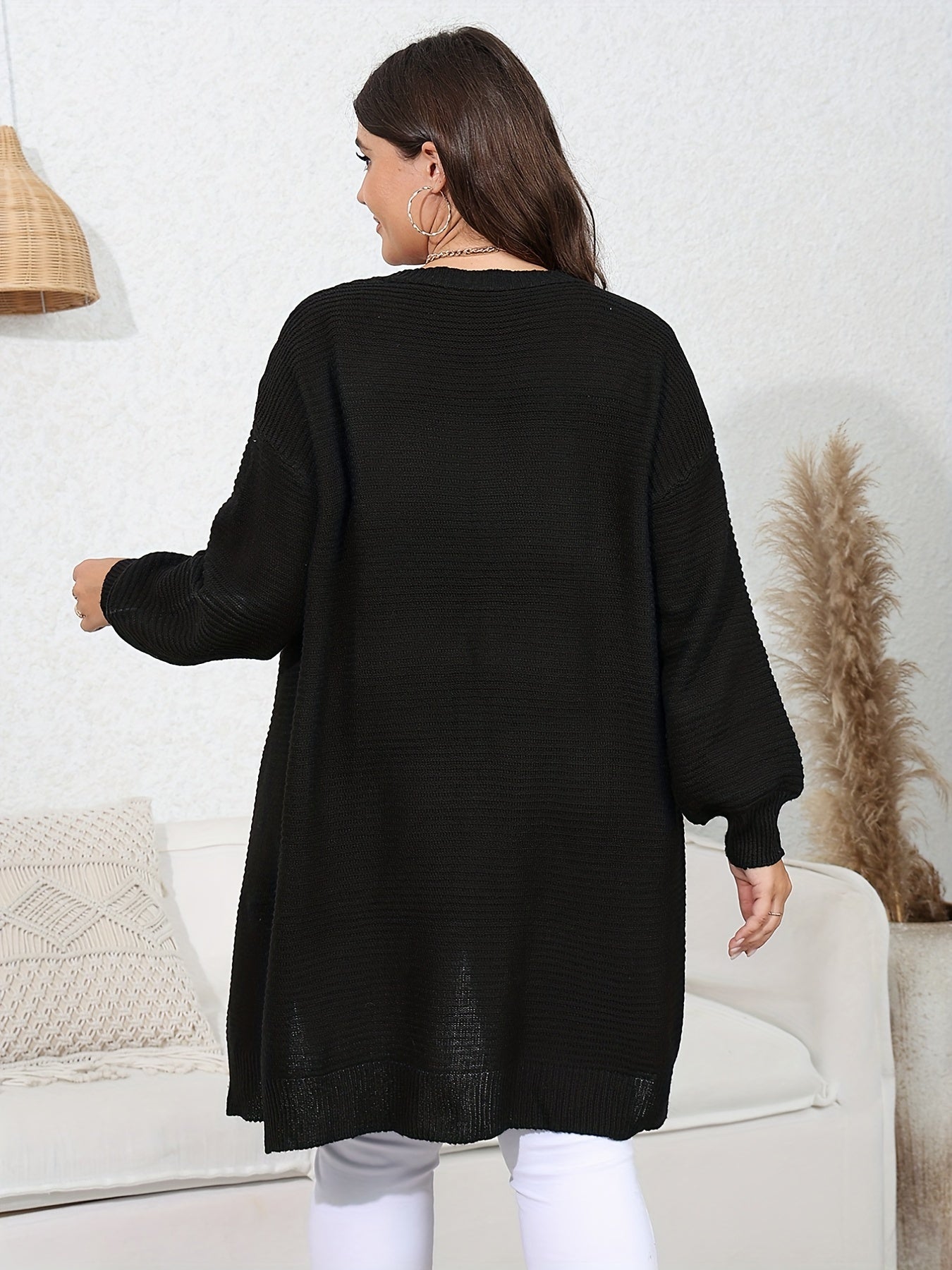  Solid Long Sleeve Knit Cardigan Women's Plus Casual Slight Stretch