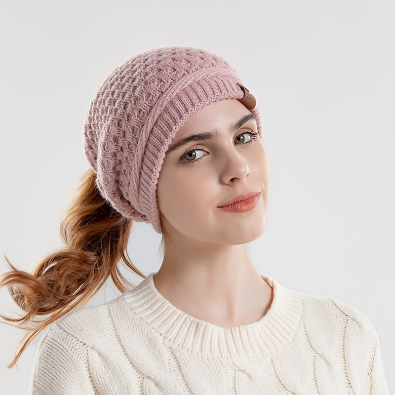 Warm Ear Protection Beanie Hat with Horse Tail Hole