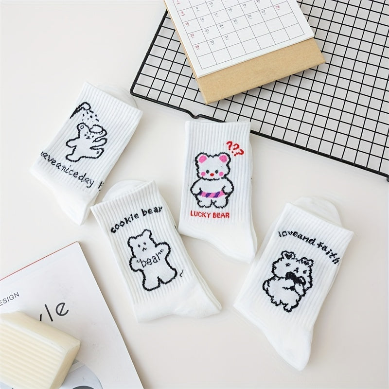 4 Pairs Cartoon Bear Print Socks Women's Mid Tube Stockings