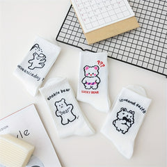 4 Pairs Cartoon Bear Print Socks Women's Mid Tube Stockings