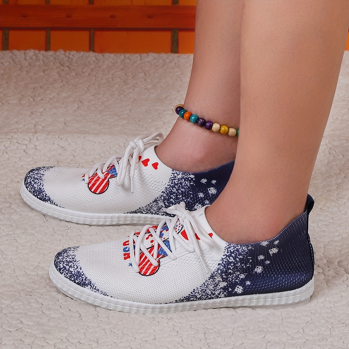 Women's Flag & Heart Pattern Sneakers Breathable Knit Lace Up Outdoor Shoes