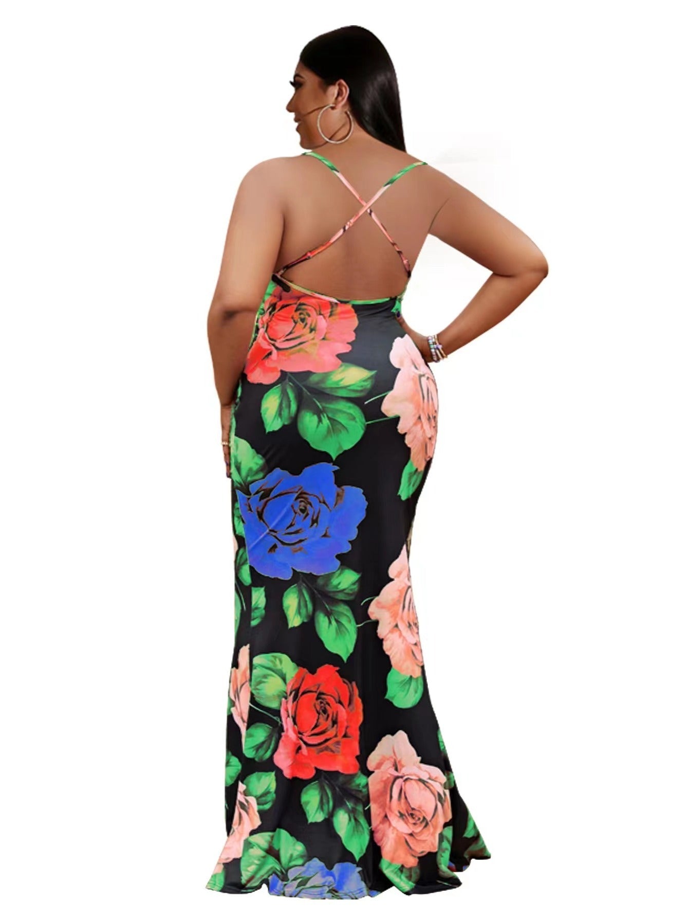 Floral Print Crisscross Backless Maxi Dress