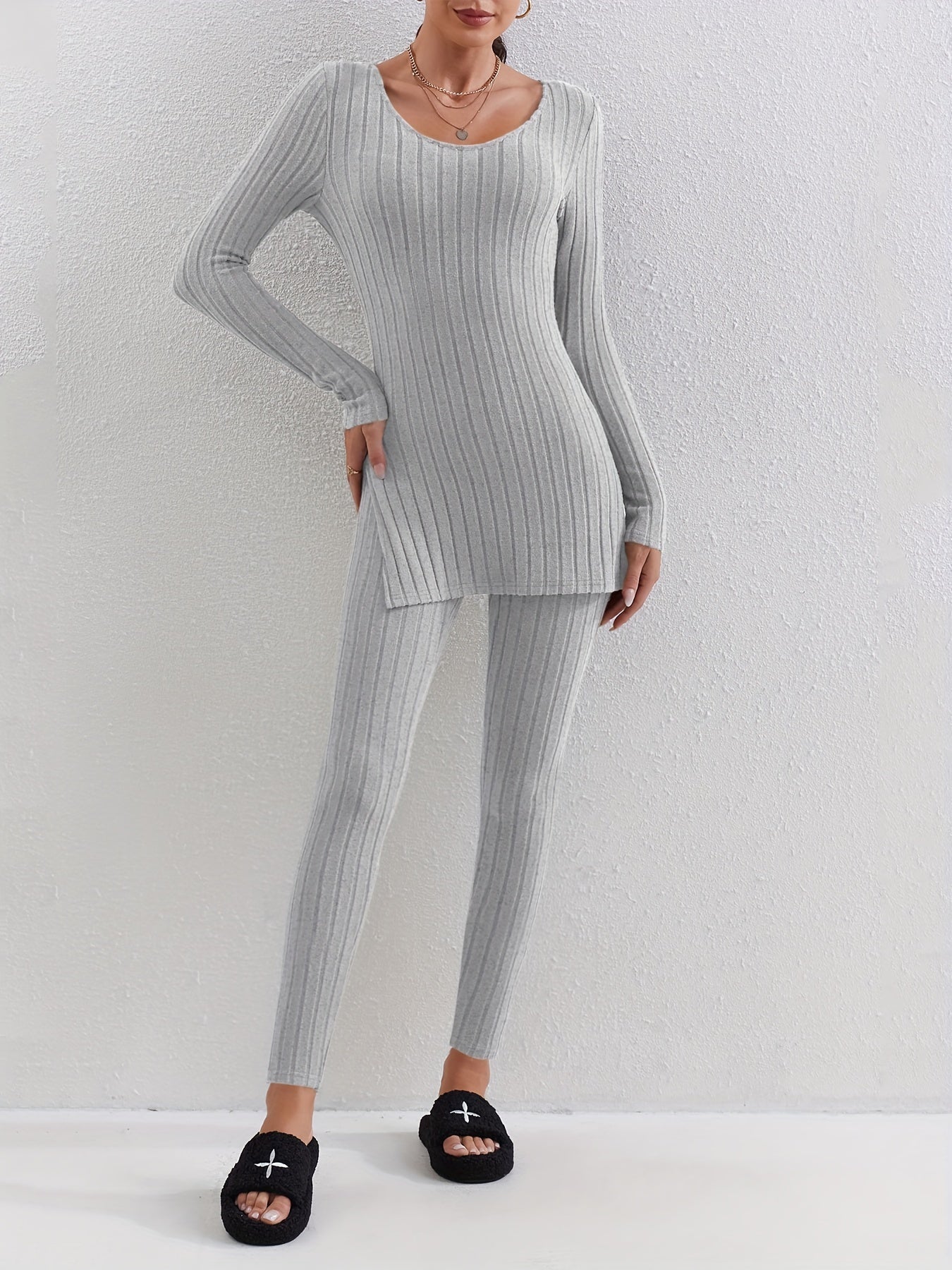 Ribbed Two piece Set Long Sleeve Side Split Top & Pants Outfits