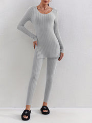 Ribbed Two piece Set Long Sleeve Side Split Top & Pants Outfits