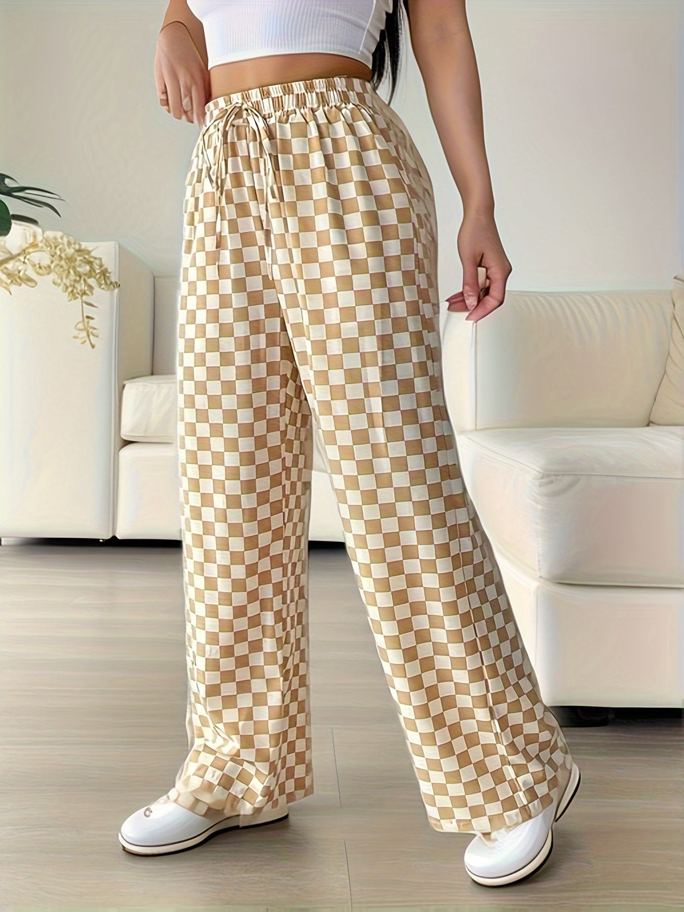 Women's Plus Checkerboard Print Wide Leg Trousers