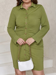  Casual Dress Women's Plus Solid Ruched Button Up Long Sleeve Shirt