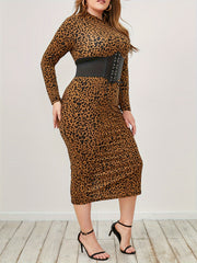  Leopard Print Mock Neck Bodycon Dress