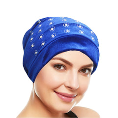 Rhinestone Decor Turban Cap Velvet Head Wrap Elastic Bonnet Head Scarf Women