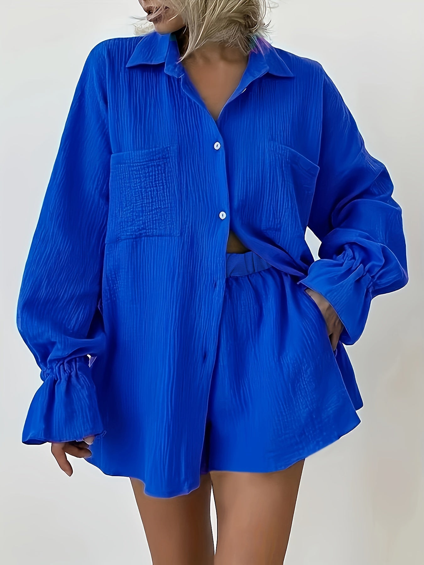  Flounce Sleeve Blouse & Shorts Set