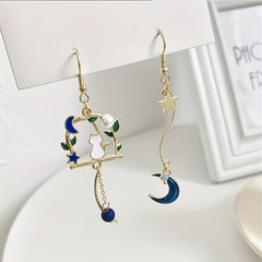 Kitten Moon Star Leaf Tassel Earrings