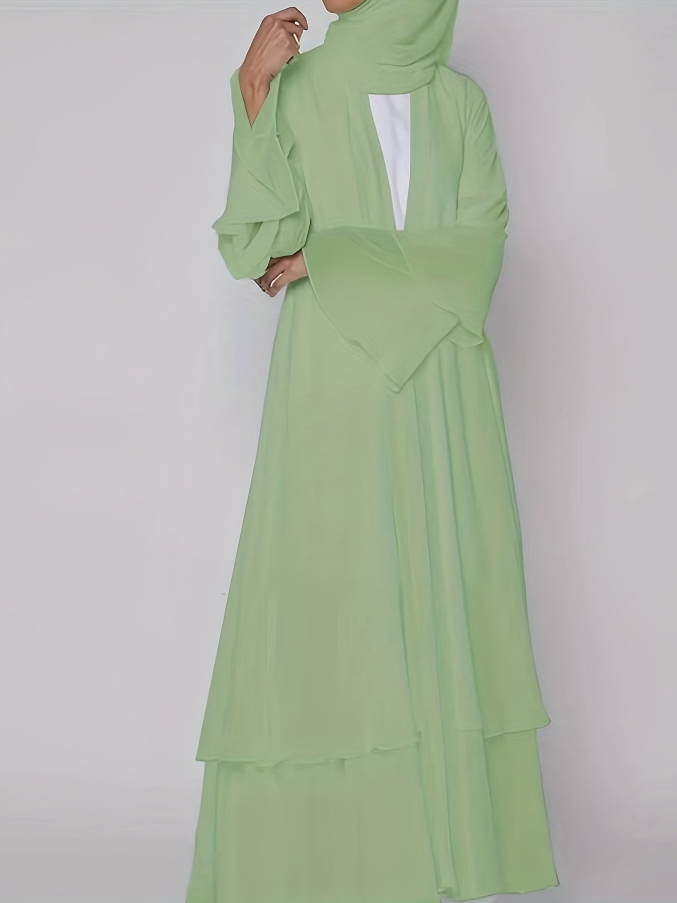  Mesh Bell Sleeve Layered Maxi Abaya Dress & Hijab 2pcs Set