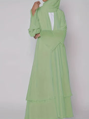  Mesh Bell Sleeve Layered Maxi Abaya Dress & Hijab 2pcs Set