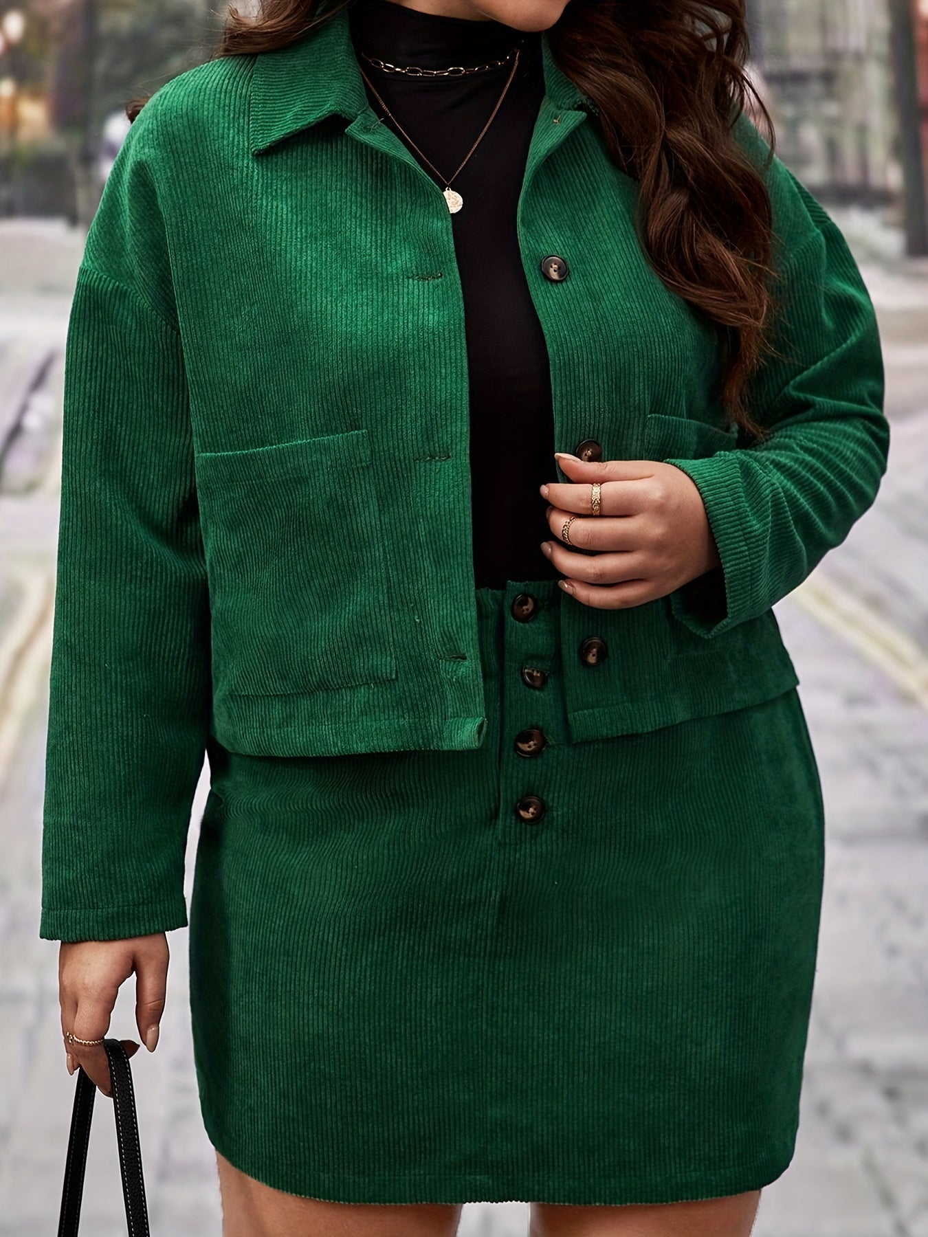  Long Sleeve Corduroy Coat & Mini Skirt Set