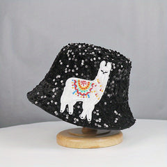 Alpaca Embroidery Sequin Bucket Hat Glitter Fisherman Cap