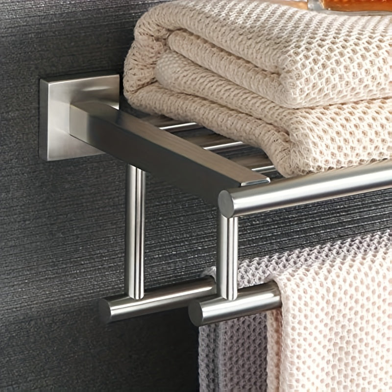 Stainless Steel Towel Shelf with Two Towel Bars for Bathroom Storage