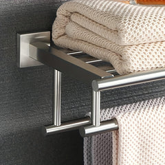 Stainless Steel Towel Shelf with Two Towel Bars for Bathroom Storage
