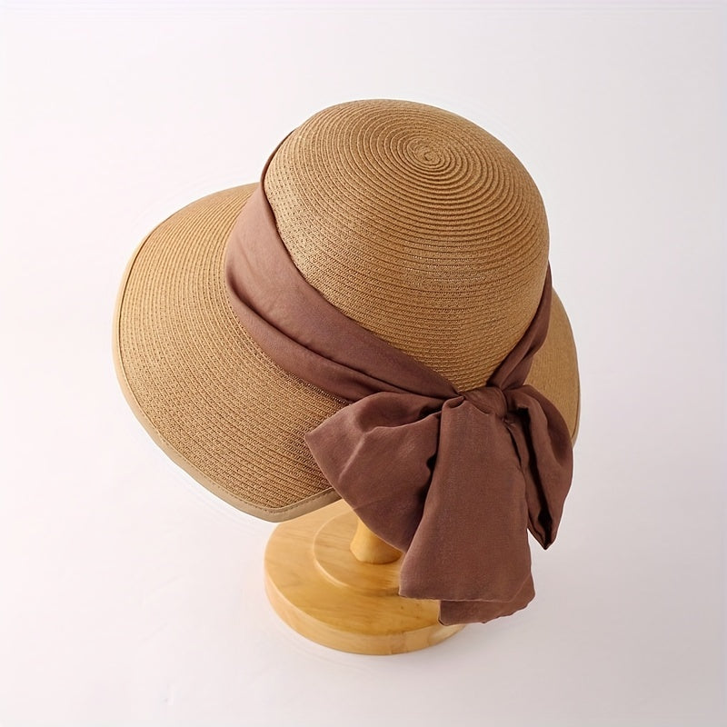 Bowknot Ribbon Sun Hat Wide Brim UV Protection Straw Hats Classic Summer