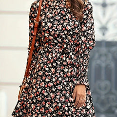  Boho Floral Print Long Sleeve Round Neck Mini Dress