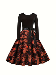  Colorblock Graphic Print Long Sleeve Dress