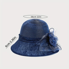 Embroidered Sun Hat Floral Decor Derby Hat Mesh Flower Bucket Hat