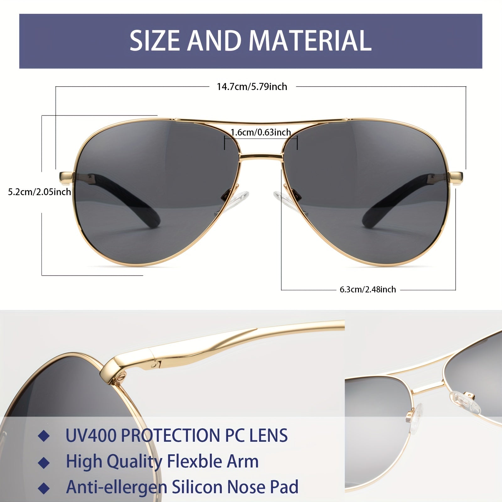 OUWEN Aviator Sunglasses Men Golden Frame Smoke Lens UV Protection