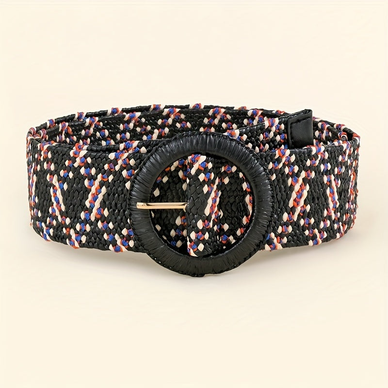 Vintage Braided Straw Belt with Round Buckle for Women