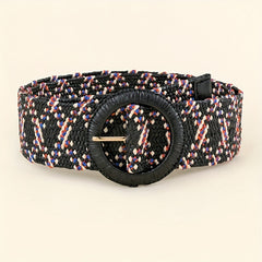 Vintage Braided Straw Belt with Round Buckle for Women
