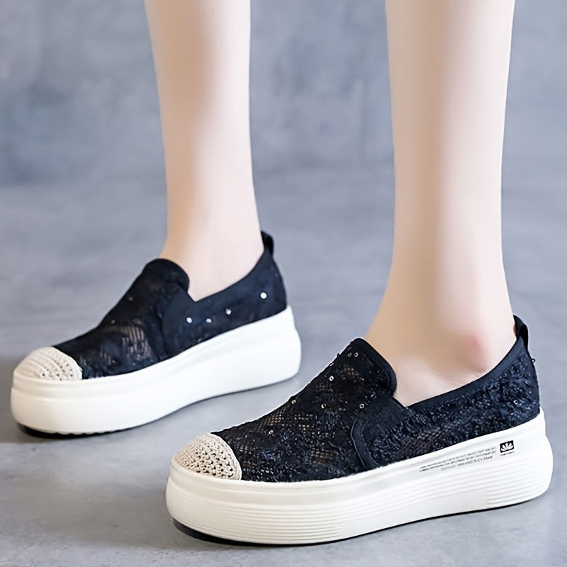 Women's Platform Lace Loafers Round Toe Hollow Out Slip On Shoes
