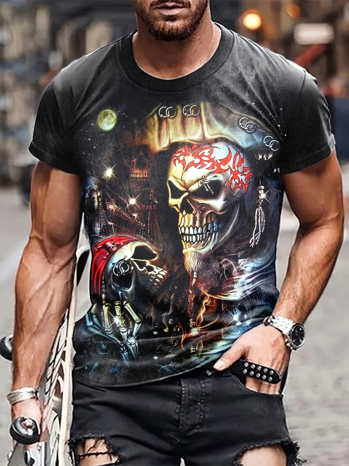 Skull 3D Pattern Print Men's Short Sleeve T-shirt Graphic Tee