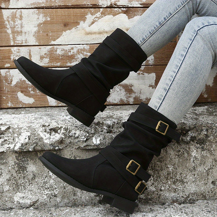 Women's Buckle Strap Chunky Heel Cowboy Boots