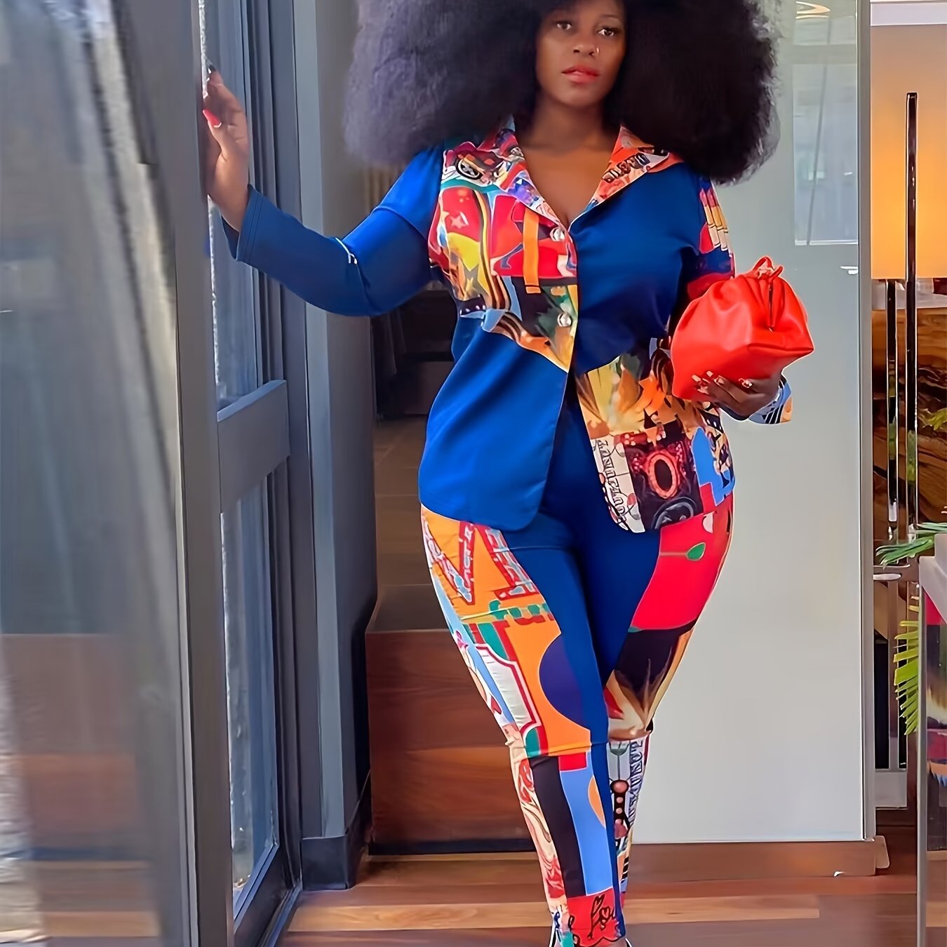  Colorblock Graphic Print Long Sleeve Top & Pants Set