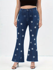  Star Print High Rise Flared Leg Jeans