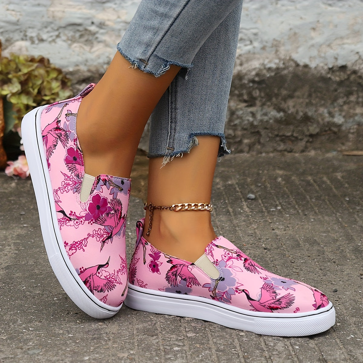 Flamingo Flower Print Pink Flat Skate Shoes