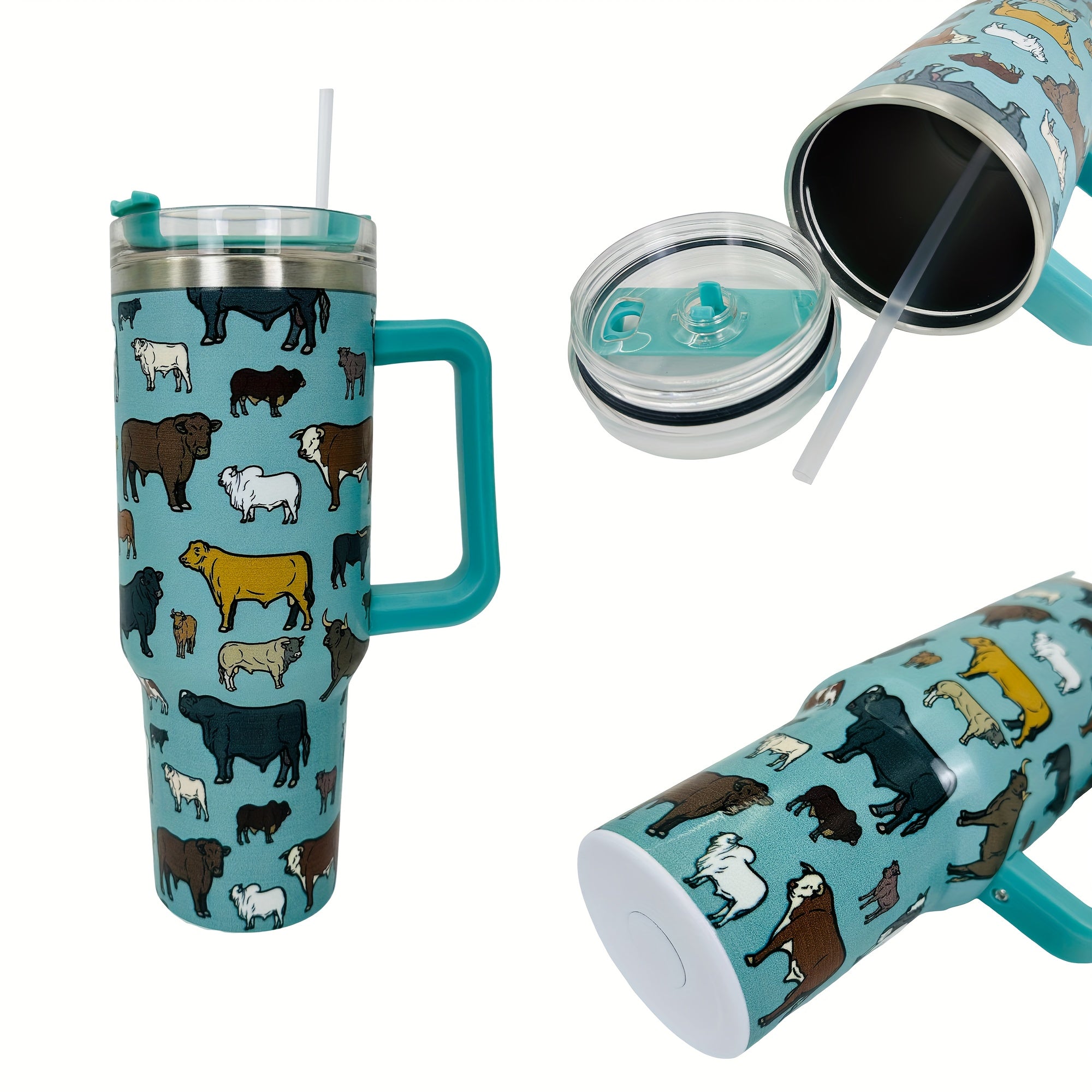 Cow Pattern 40 OZ Tumbler With Handle Stainless Steel Water Cup