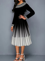  Women's Geo & Ombre Print Long Sleeve Round Neck A line Formal Dress