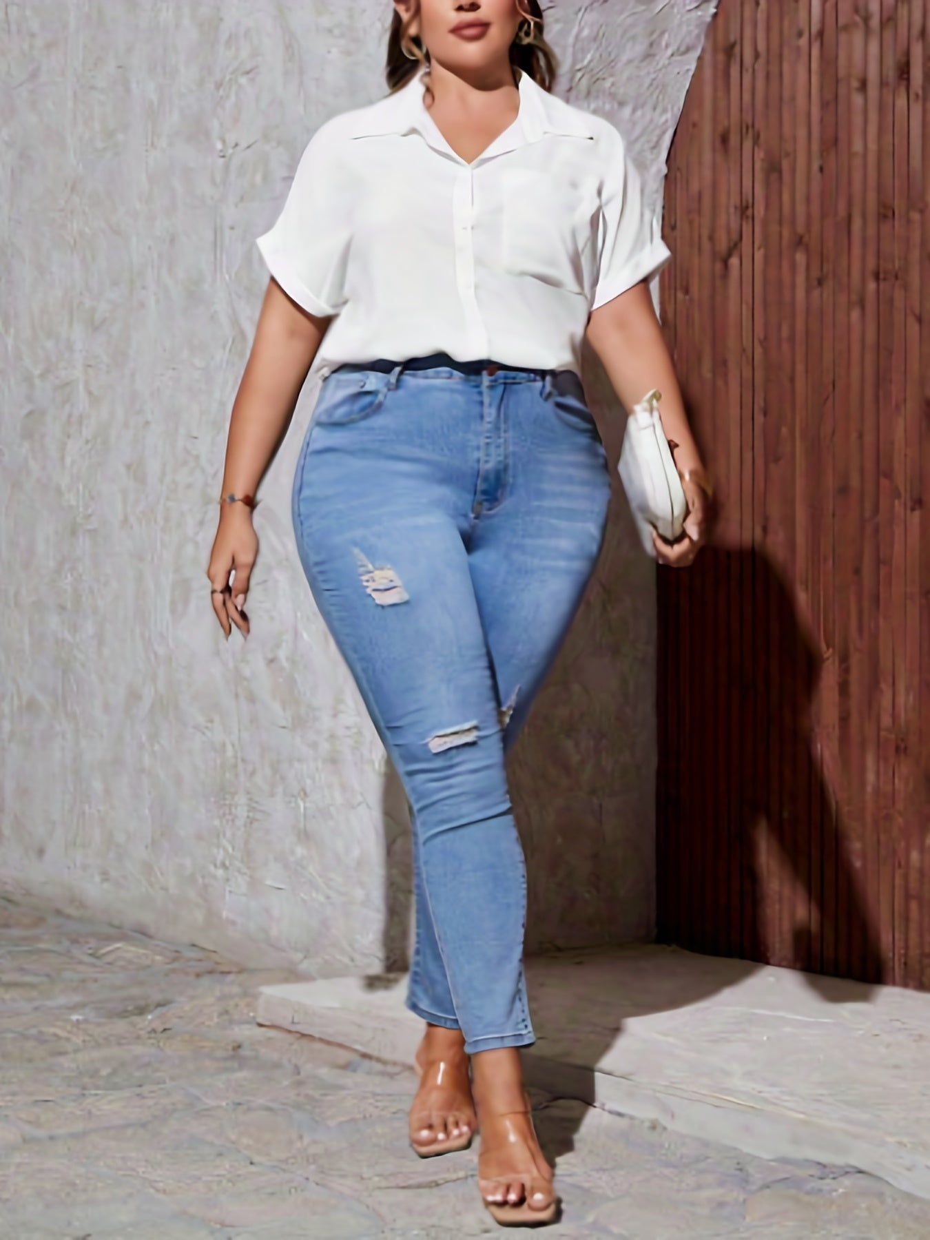  Solid Button Up Short Sleeve Blouse